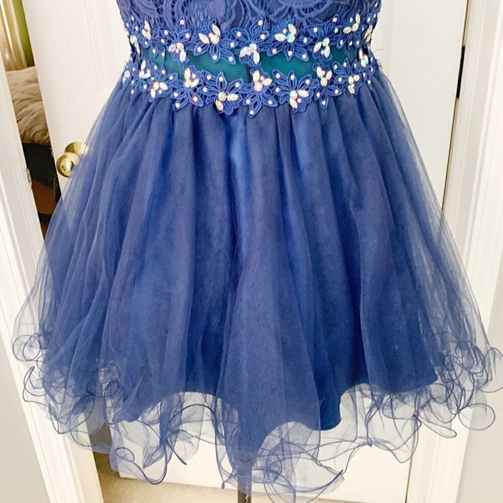 Homecoming Prom Party Beaded Lace Rhinestone Tulle Skater Dress - Picture 9 of 14